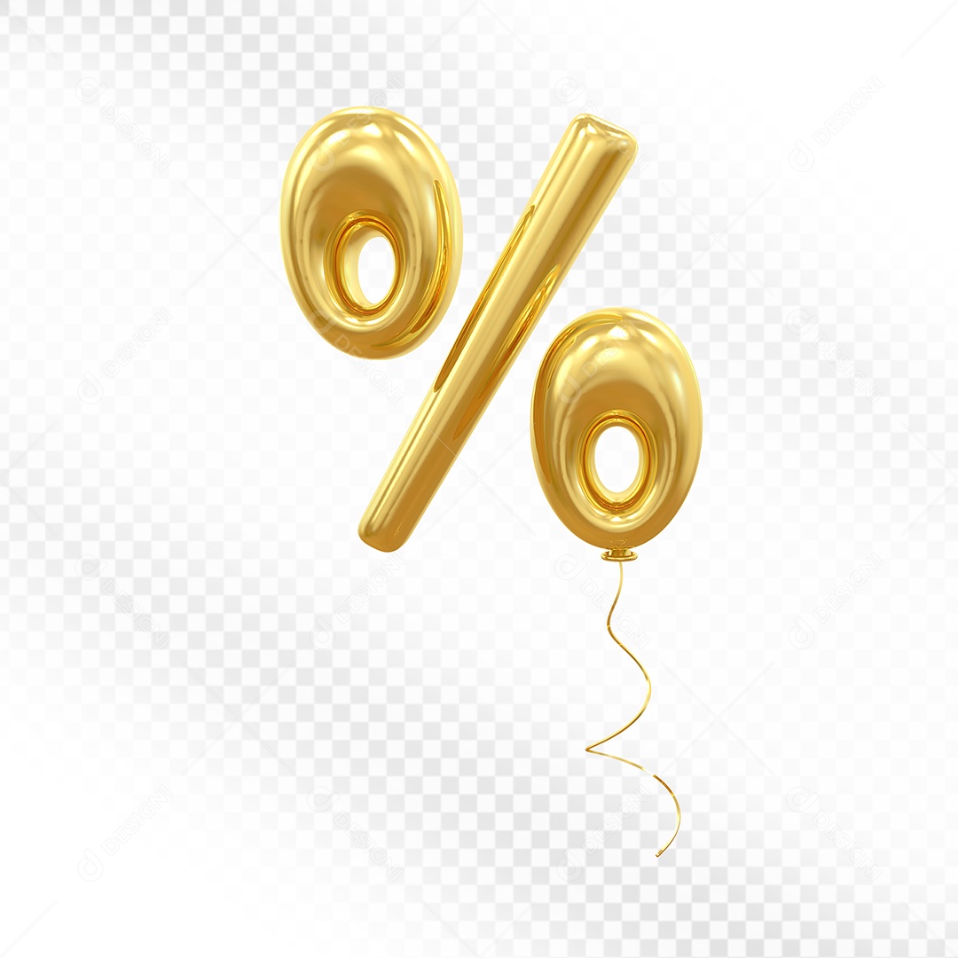 Elemento 3D Balão Dourado de Ícone Porcentagem para Composição PSD