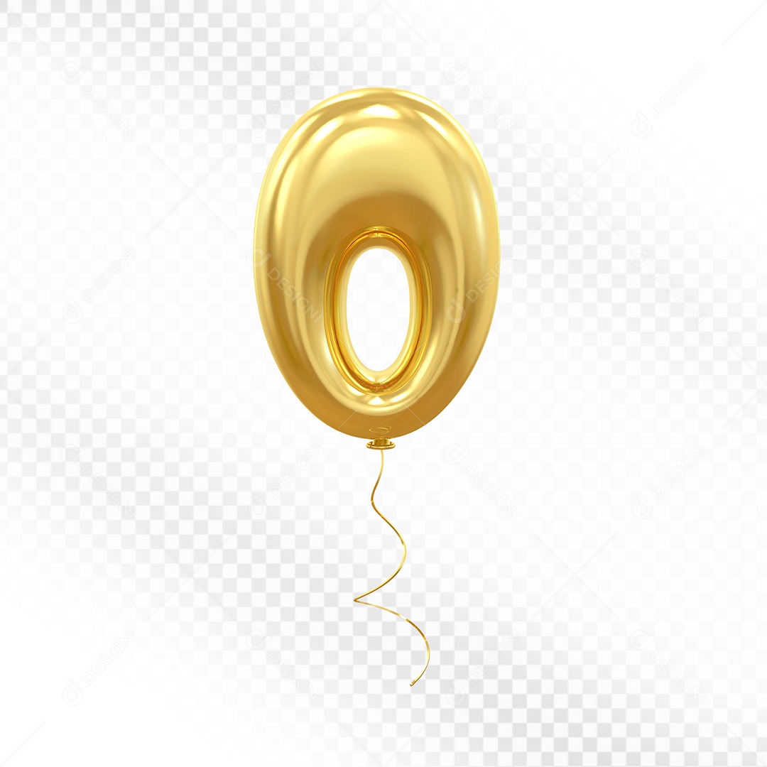 Elemento 3D Balão Dourado de Número 0 para Composição PSD