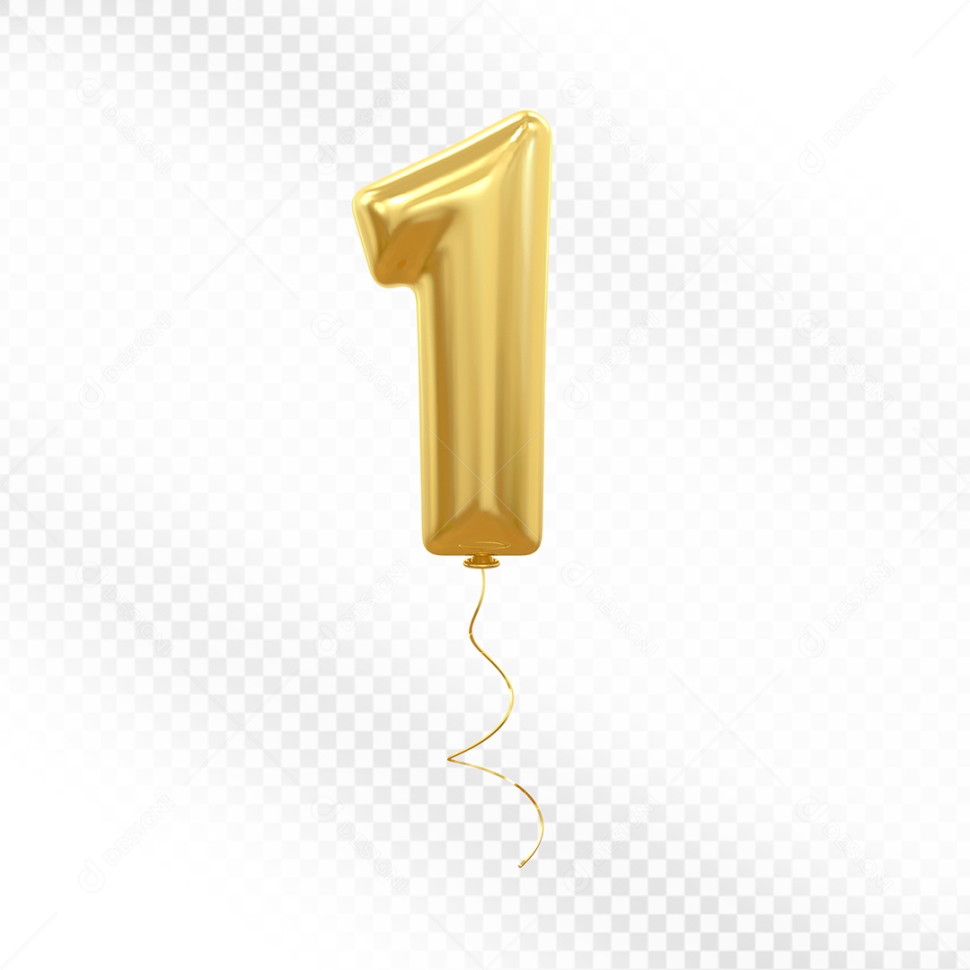 Elemento 3D Balão Dourado de Número 1 para Composição PSD