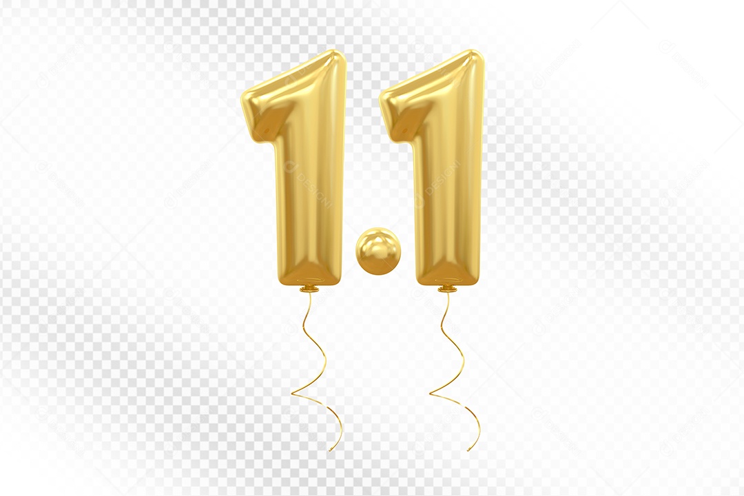 Elemento 3D Balão Dourado de Número 1.1 para Composição PSD