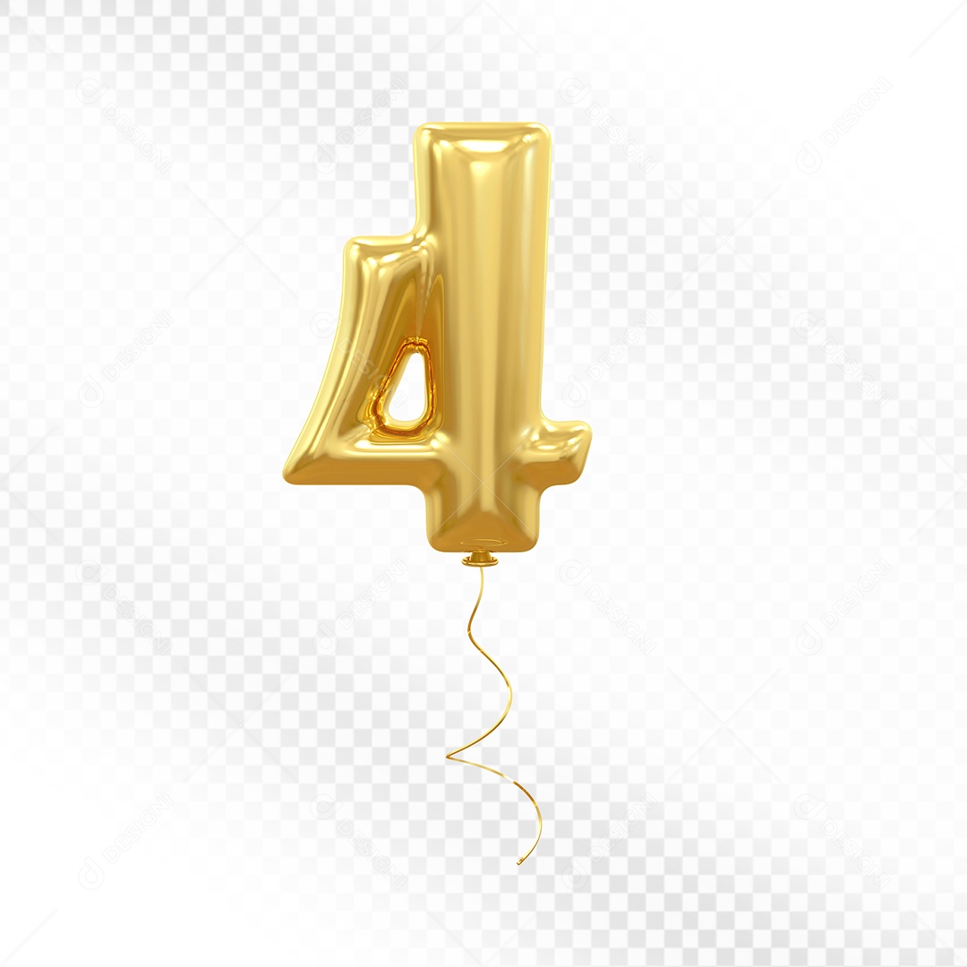 Elemento 3D Balão Dourado de Número 4 para Composição PSD