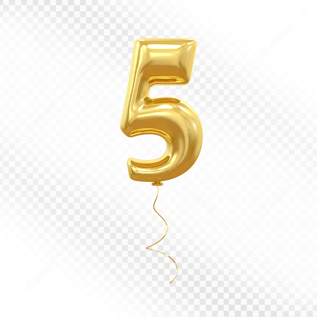 Elemento 3D Balão Dourado de Número 5 para Composição PSD