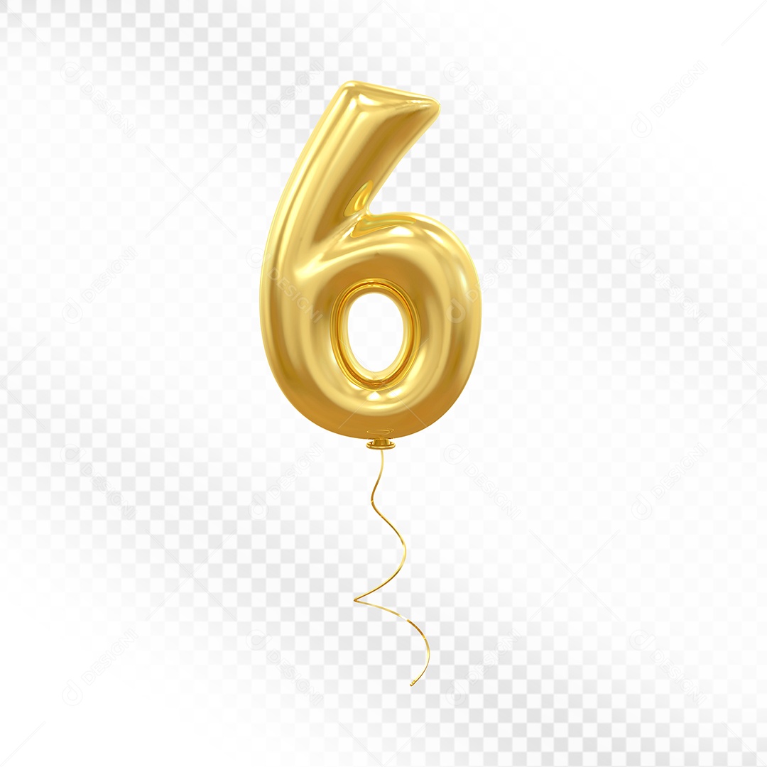 Elemento 3D Balão Dourado de Número 6 para Composição PSD