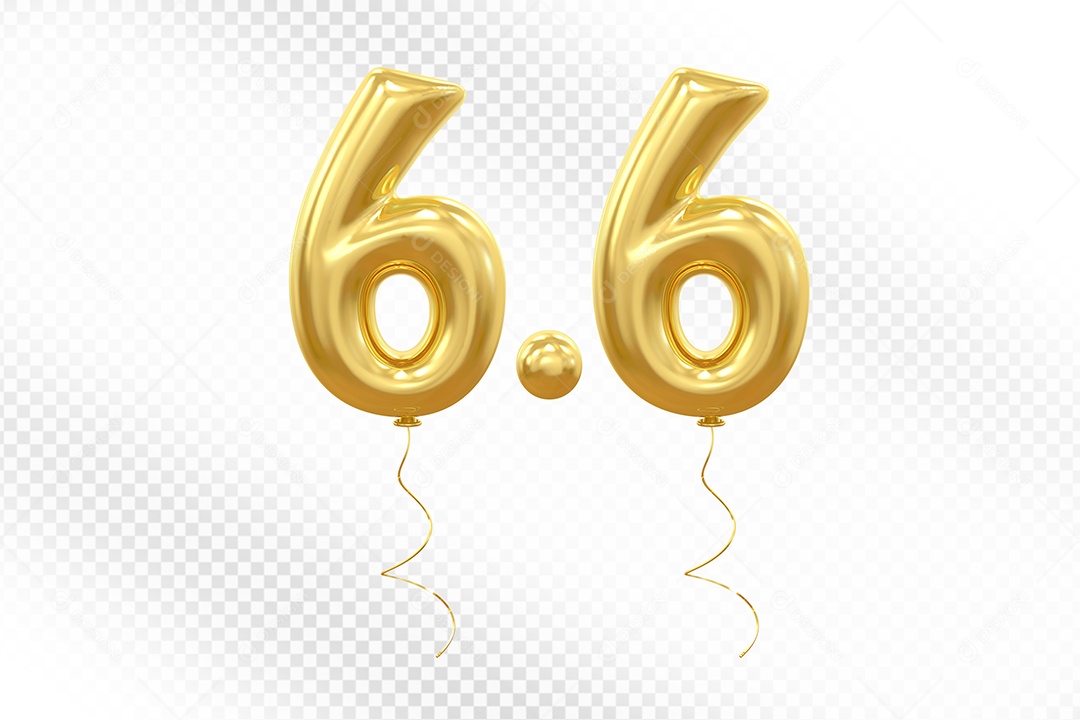 Elemento 3D Balão Dourado de Número 6.6 para Composição PSD