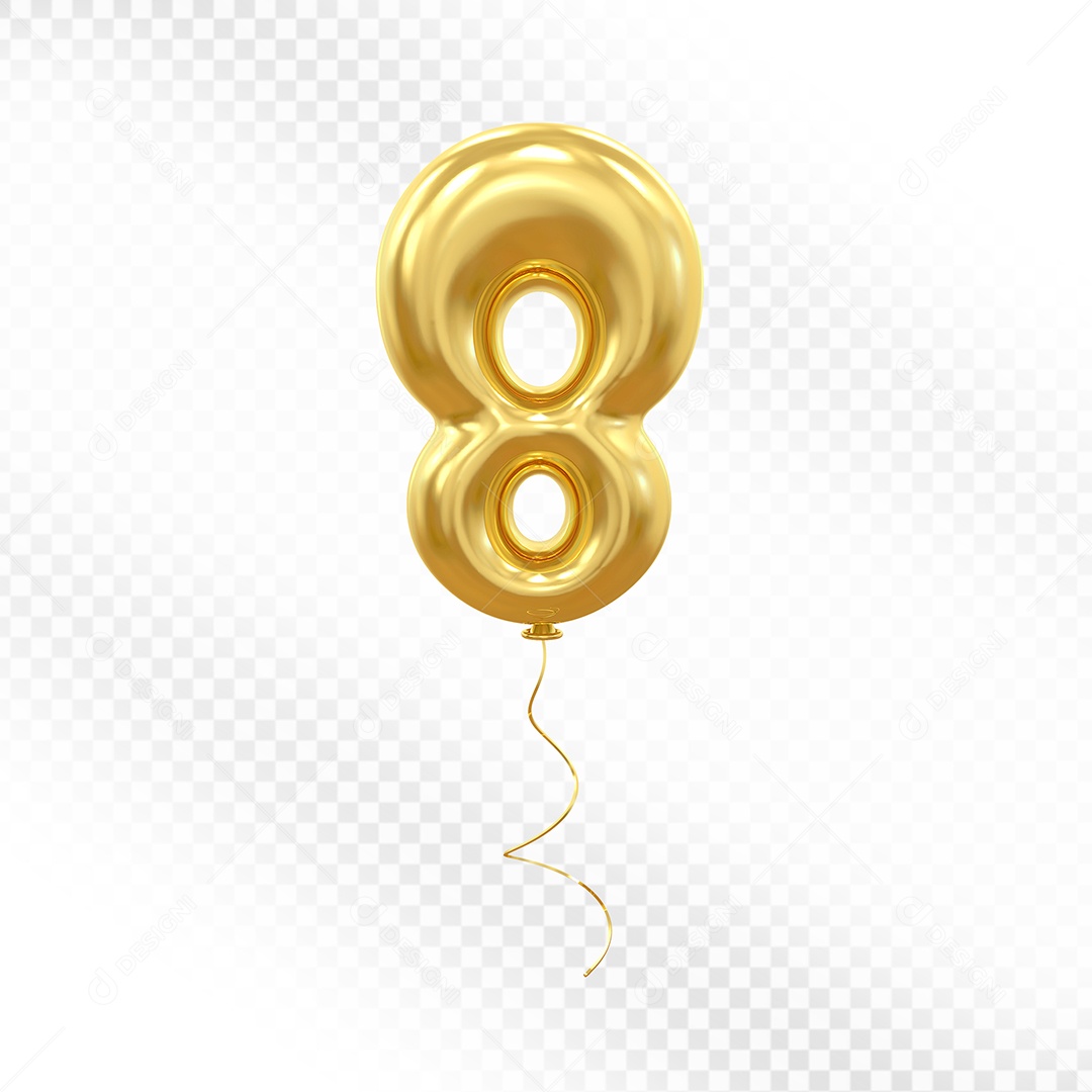 Elemento 3D Balão Dourado de Número 8 para Composição PSD