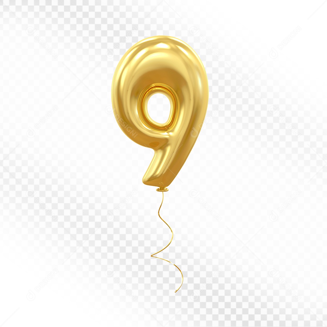 Elemento 3D Balão Dourado de Número 9 para Composição PSD
