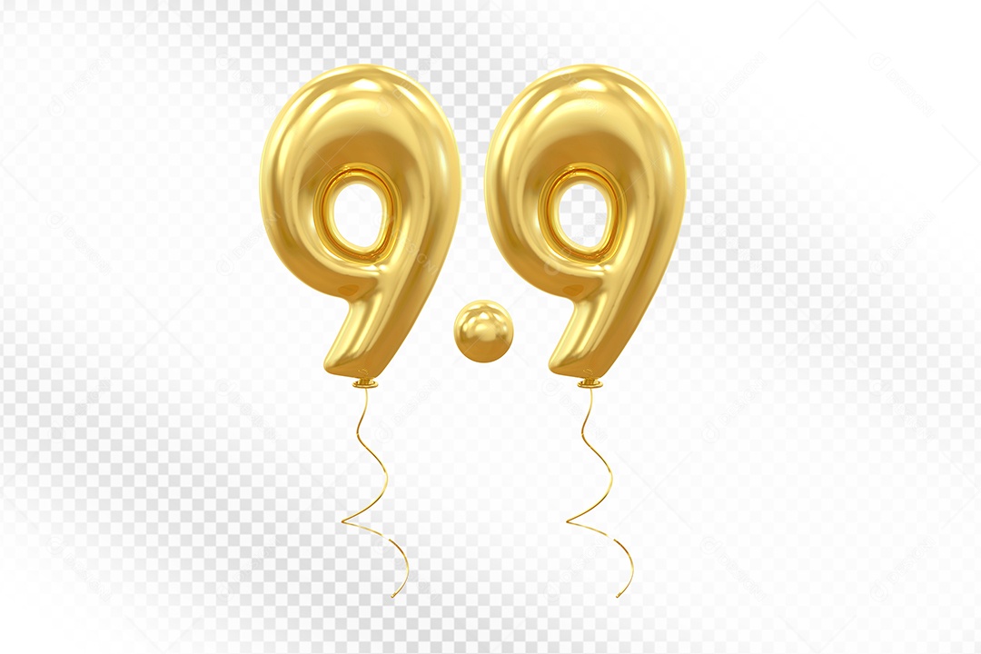 Elemento 3D Balão Dourado de Número 9.9para Composição PSD
