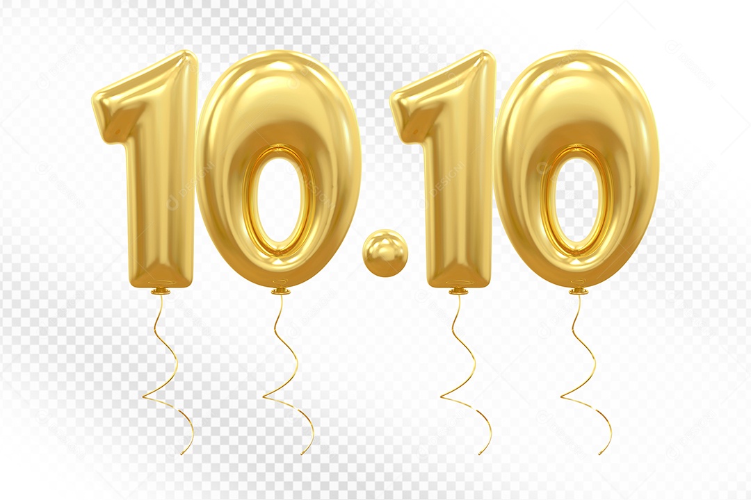 Elemento 3D Balão Dourado de Número 10.10 para Composição PSD