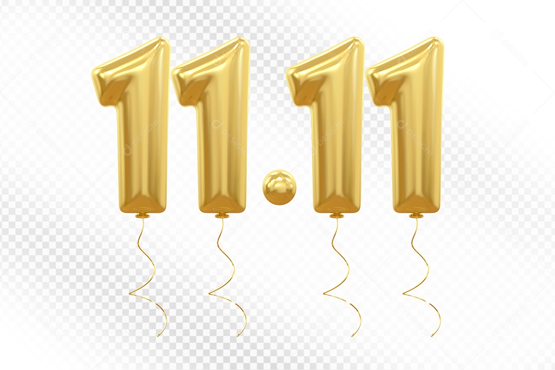 Elemento 3D Balão Dourado de Número 11.11 para Composição PSD