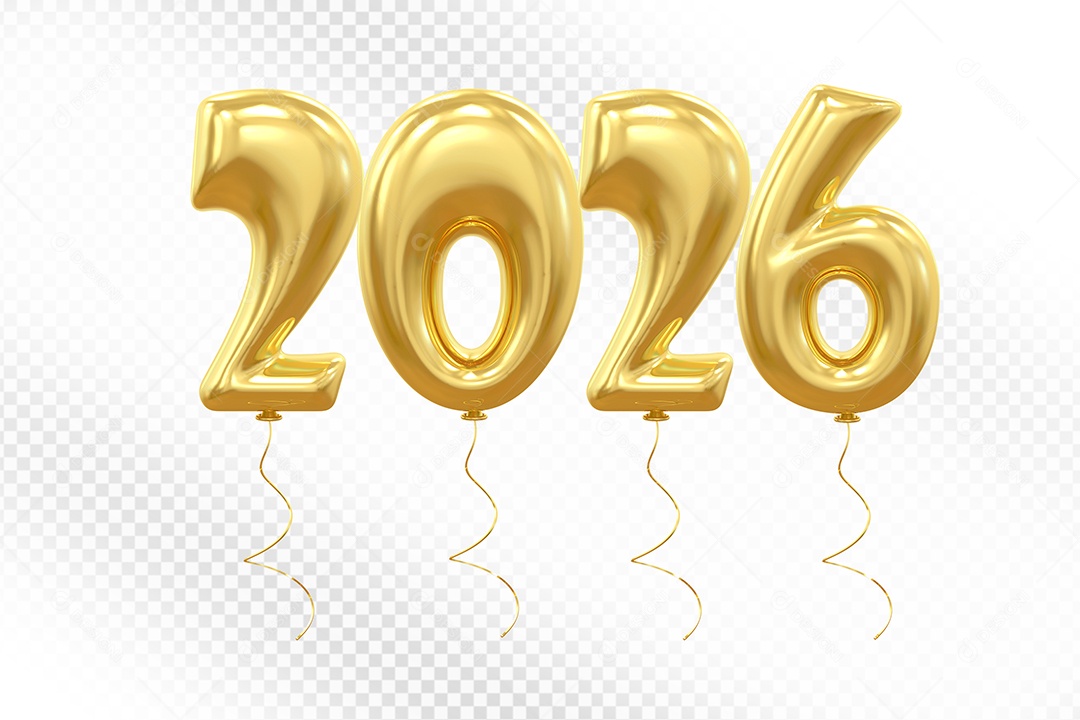 Elemento 3D Balão Dourado de Número 2026 para Composição PSD