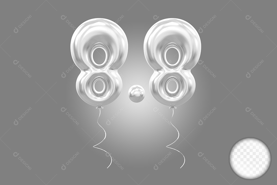 Elemento 3D Balão Prata de Número 8.8 para Composição PSD