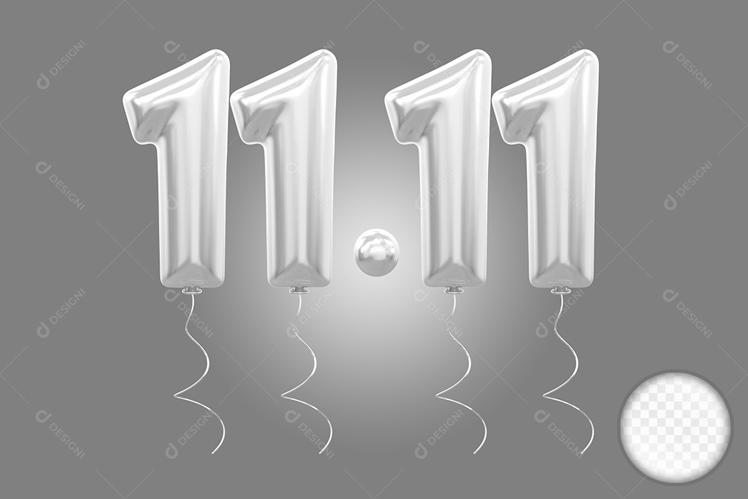 Elemento 3D Balão Prata de Número 11.11 para Composição PSD