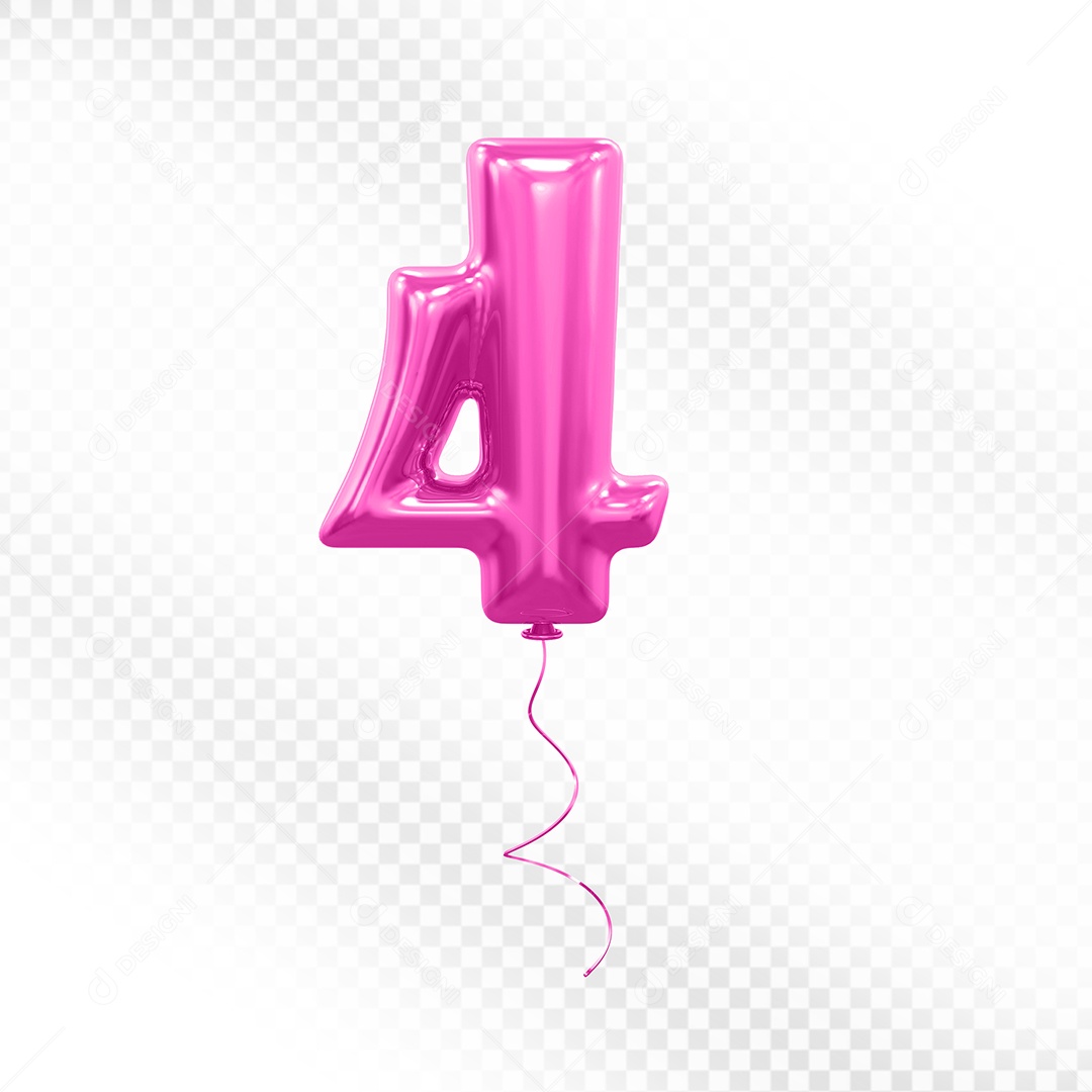 Elemento 3D Balão Rosa de Número 4 para Composição PSD