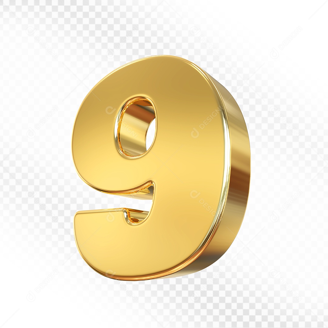 Número Dourado 9% Elemento 3D Para Composição PSD