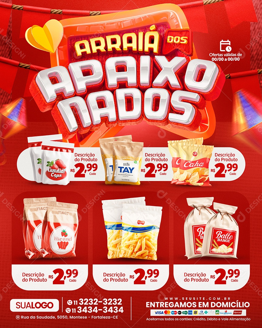 Tabloide Arraiá dos Apaixonados Supermercado Produtos Social Media PSD Editável