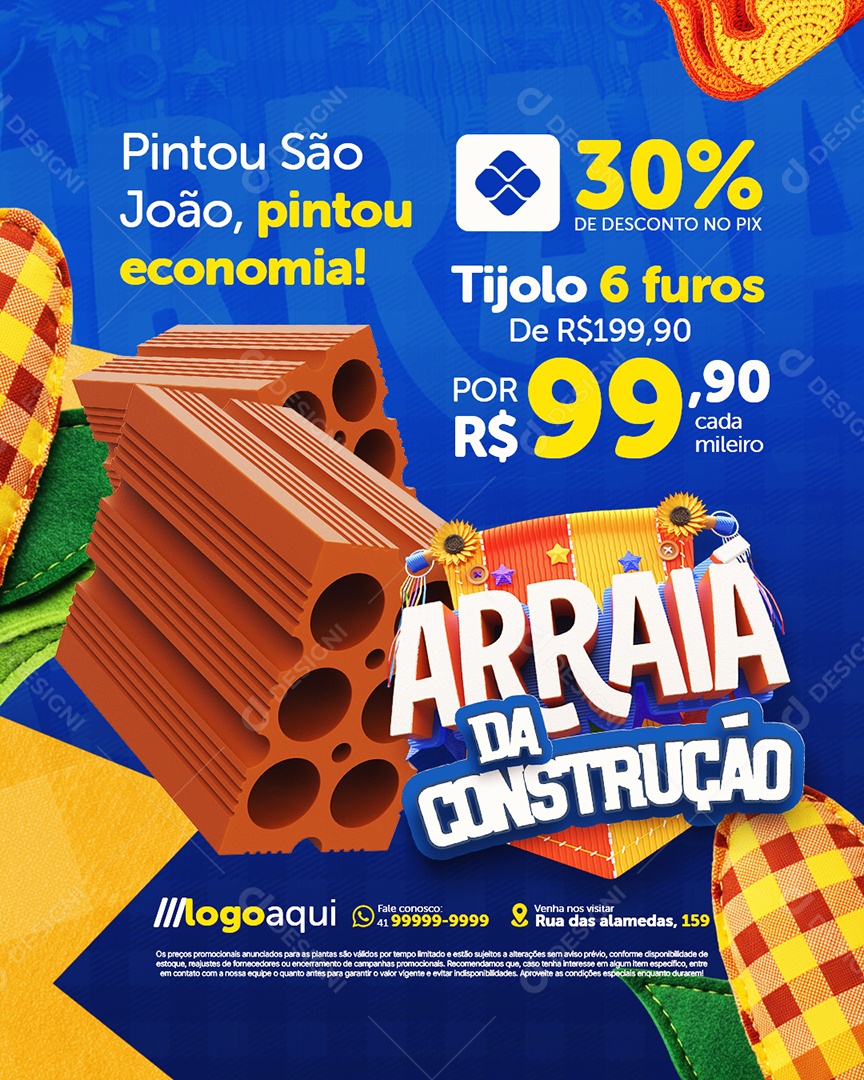 Arraia da Construção Tijolo Seis Furos São João Pintou Economia Social Media PSD Editável