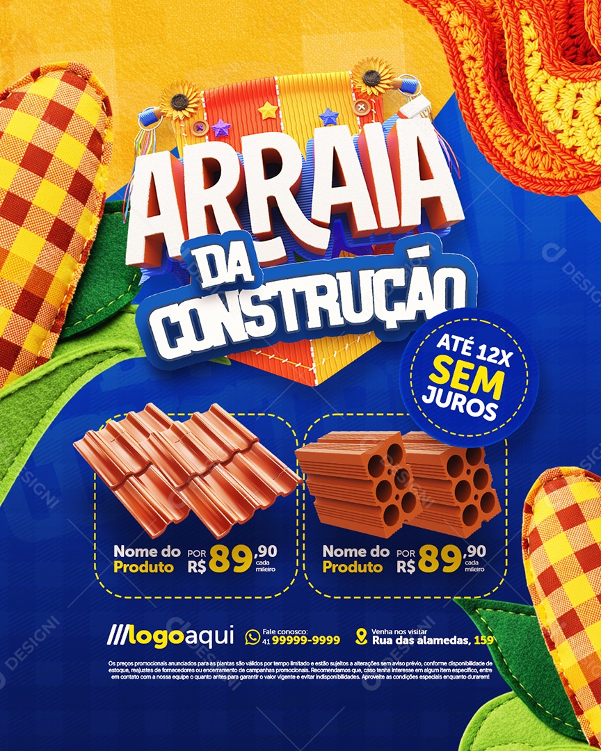 Arraia da Construção Telhas Tijolos Social Media PSD Editável