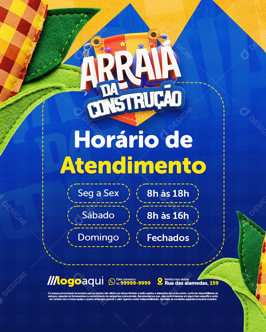 Arraia da Construção Horário de Atendimento Social Media PSD Editável