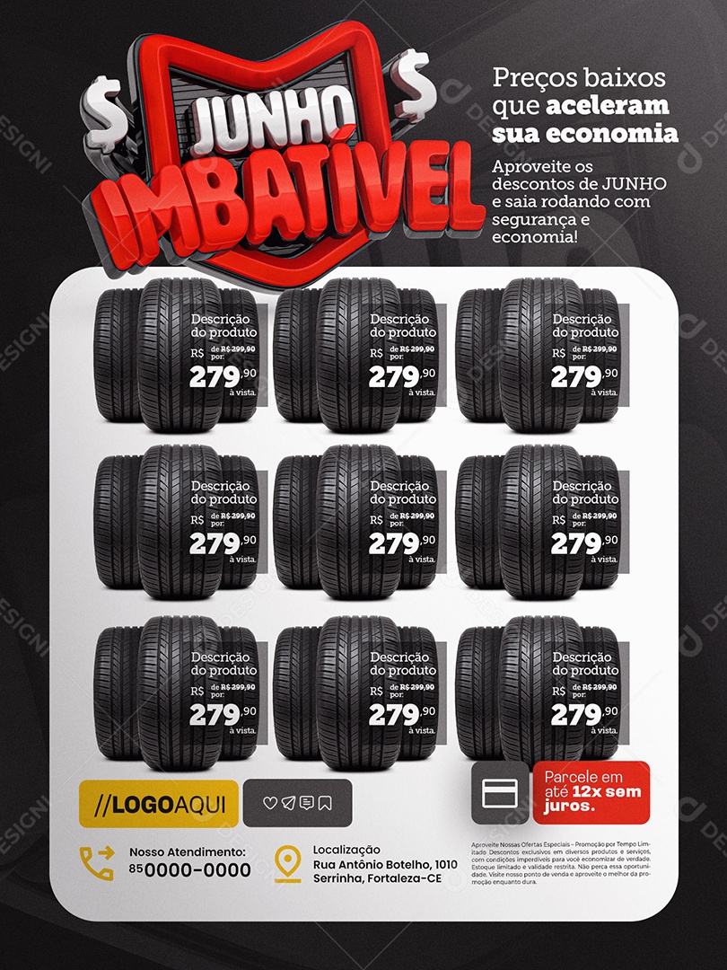 Junho Imbatível Loja de Pneus Encarte Preços Baixos Social Media PSD Editável