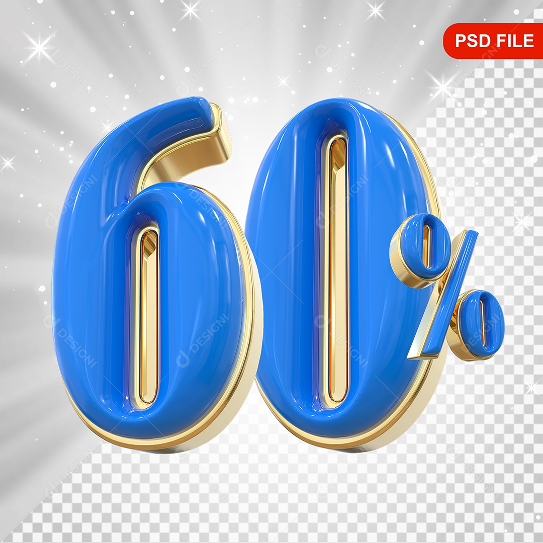 Balão Azul 3D Número 60% Elemento Para Composição PSD