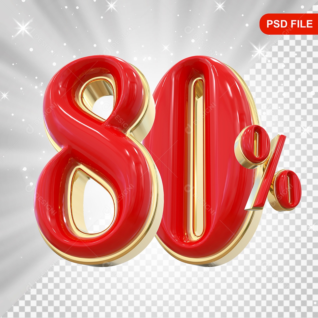 Balão Vermelho 3D Número 80% Elemento Para Composição PSD