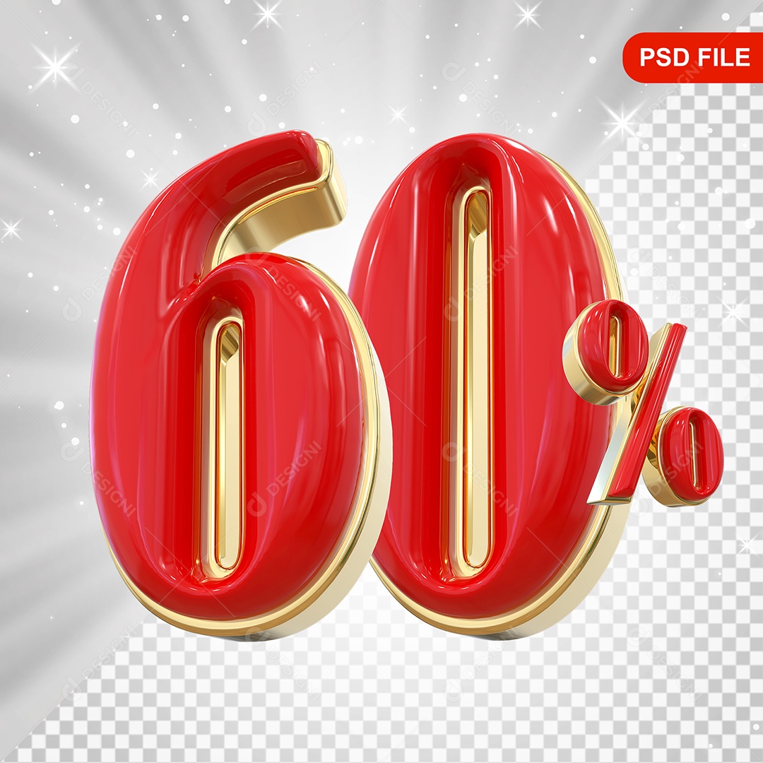 Balão Vermelho 3D Número 60% Elemento Para Composição PSD