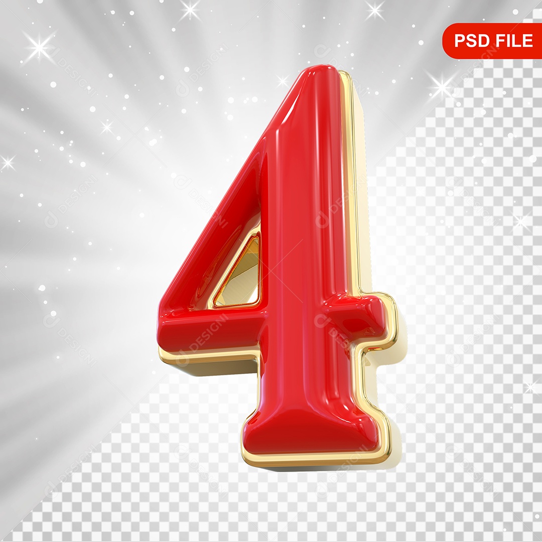 Número 4 Vermelho Elemento 3D Para Composição PSD