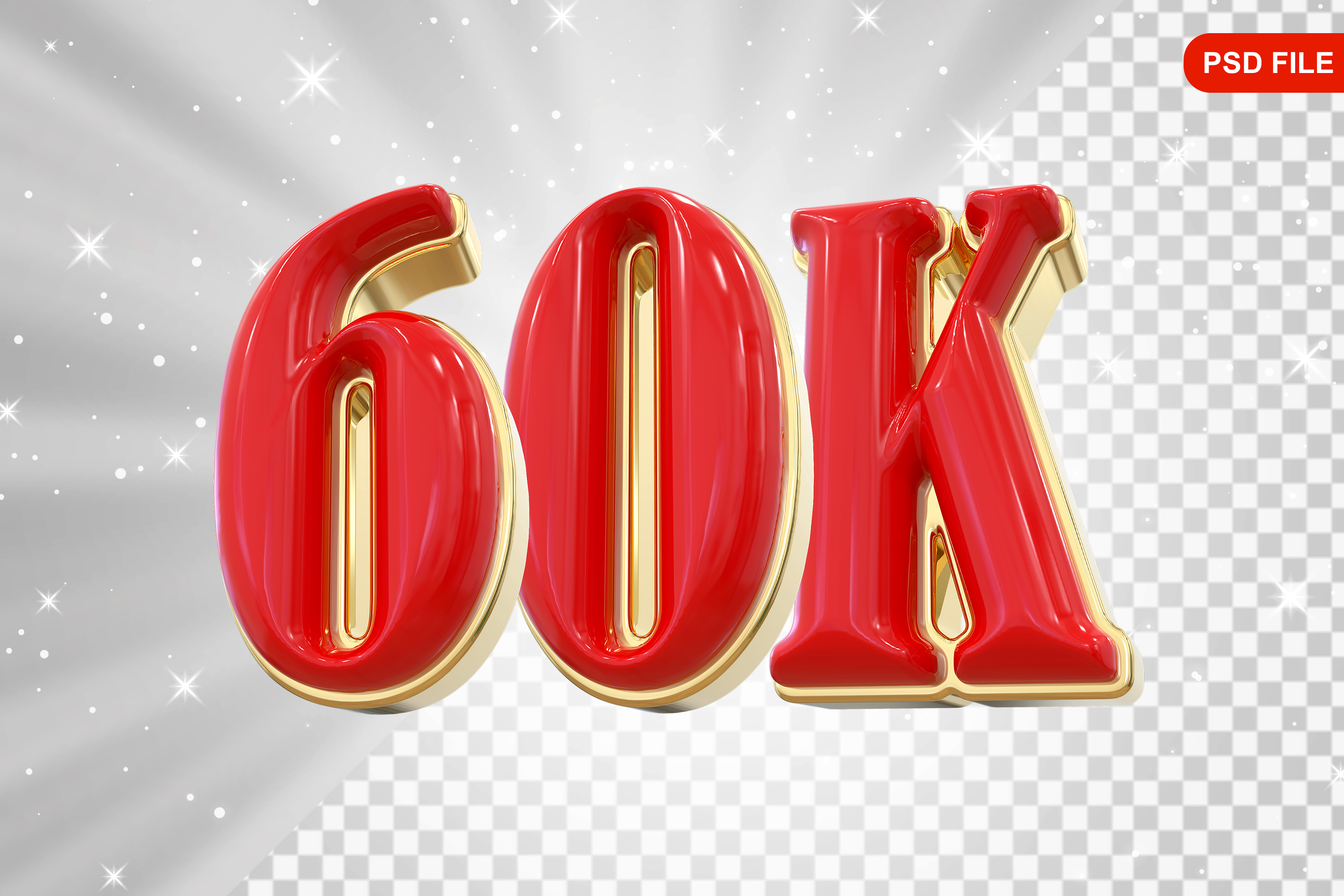 Elemento 3D Balão Vermelho de Número 60K para Composição PSD