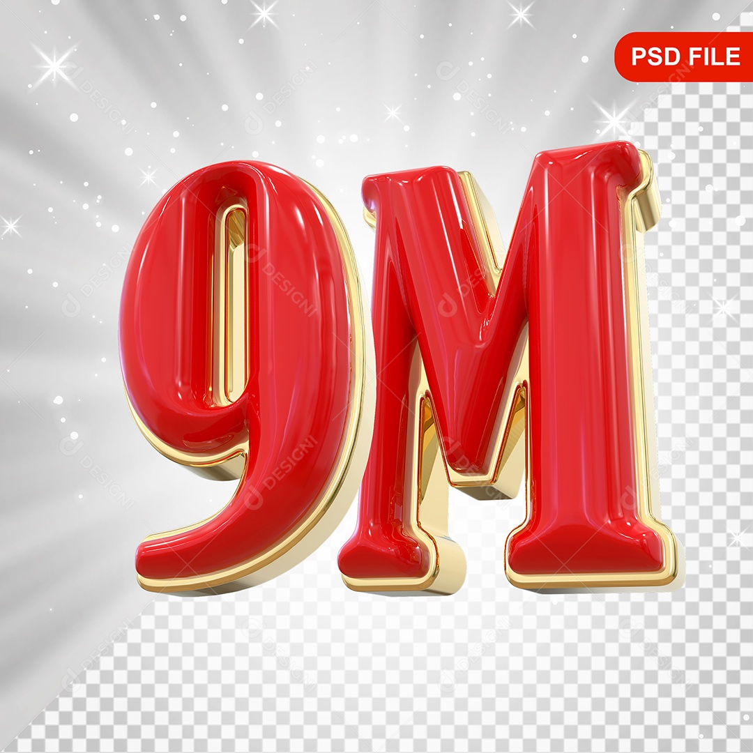 Elemento 3D Balão Vermelho de Número 9M para Composição PSD