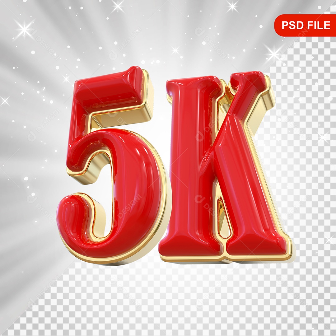 Elemento 3D Balão Vermelho de Número 5K para Composição PSD