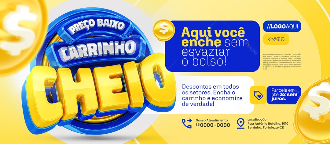 Banner Preço Baixo Carrinho Cheio Supermercado Esvazie o Bolso Social Media PSD Editável