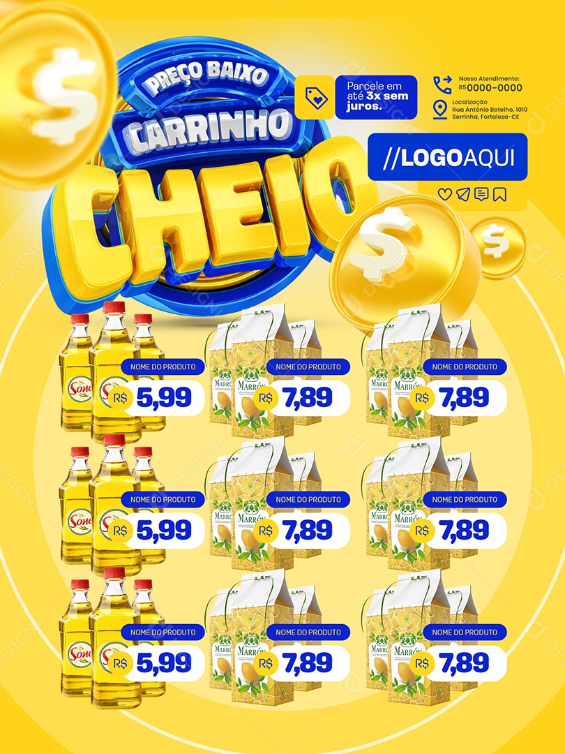 Preço Baixo Carrinho Cheio Supermercado Encarte Produtos Social Media PSD Editável