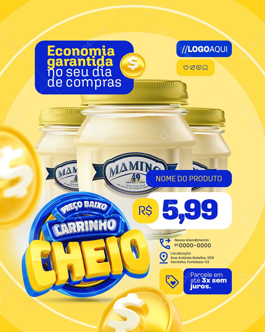 Preço Baixo Carrinho Cheio Supermercado Maionese Social Media PSD Editável
