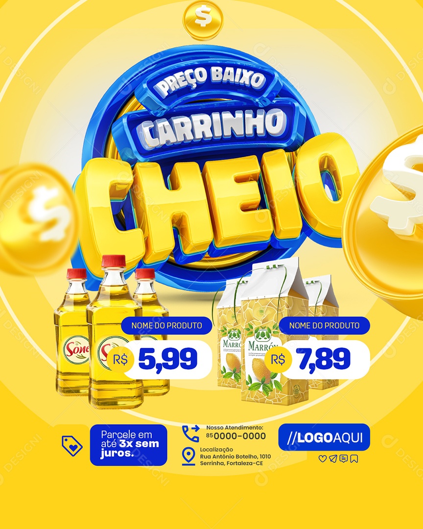 Preço Baixo Carrinho Cheio Supermercado Produtos Social Media PSD Editável