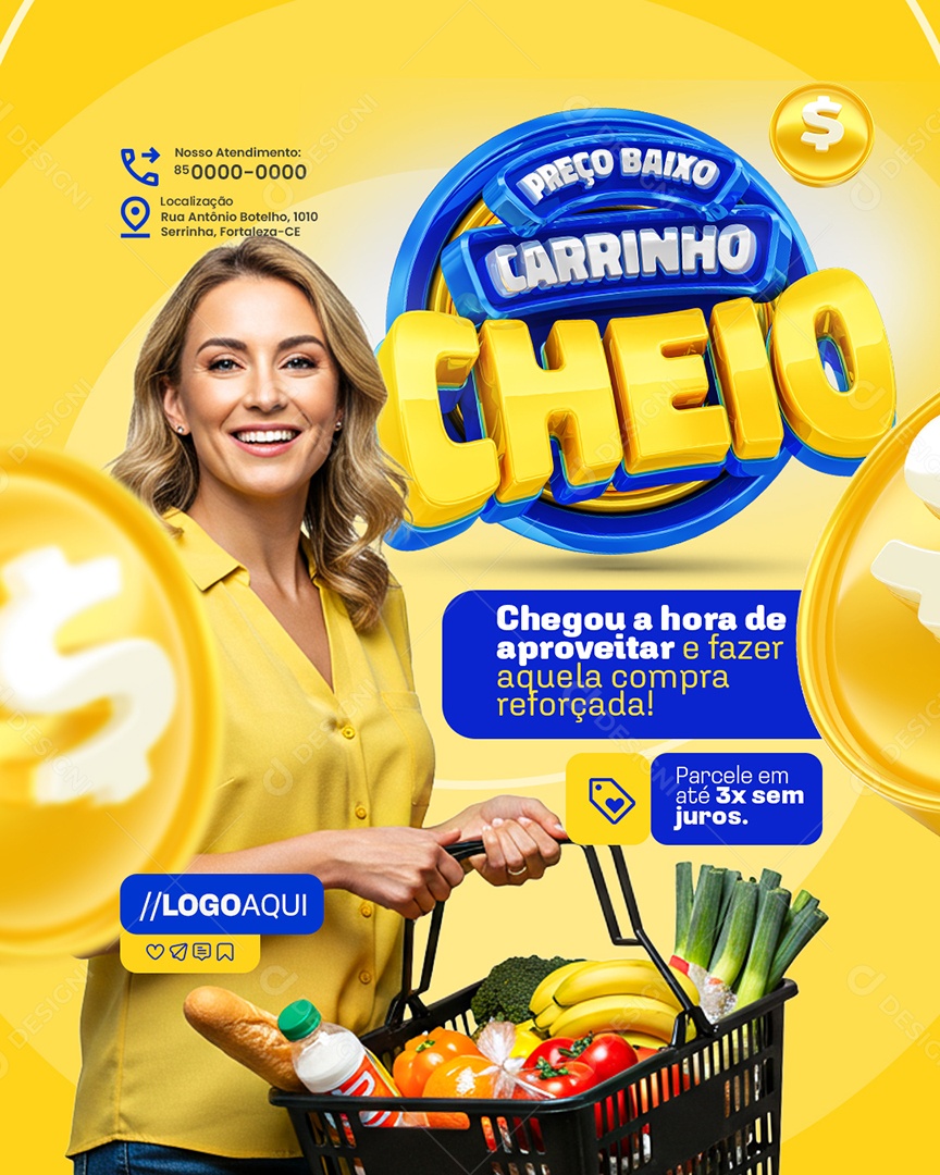 Preço Baixo Carrinho Cheio Supermercado Hortifruti Social Media PSD Editável