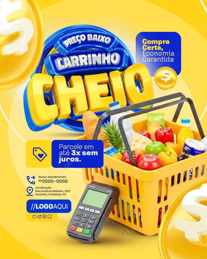 Preço Baixo Carrinho Cheio Supermercado Compra Certa Social Media PSD Editável