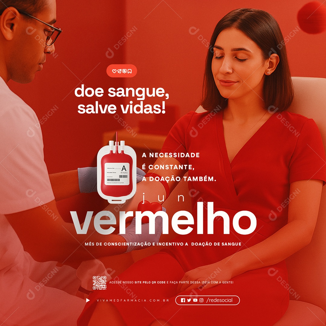 Junho Vermelho Mês de Conscientização e Incetivo a Doação de Sangue Social Media PSD Editável