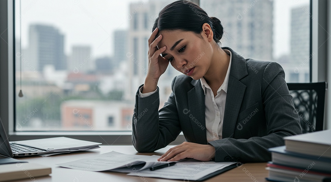 Mulher estressada lendo documentos