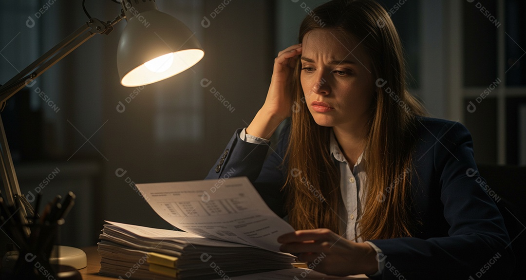 Mulher estressada lendo documentos