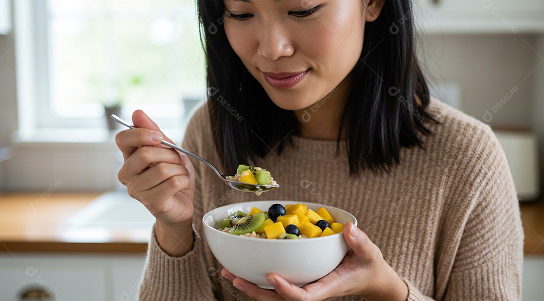 Mulher comendo uma tigela de frutas saudável