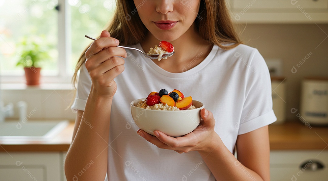 Jovem mulher tomando café da manhã saudável