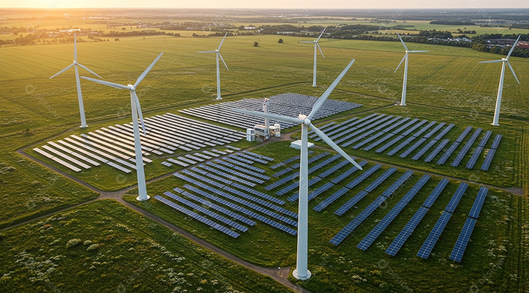 Fazenda de energia solar e eólica ao pôr do sol