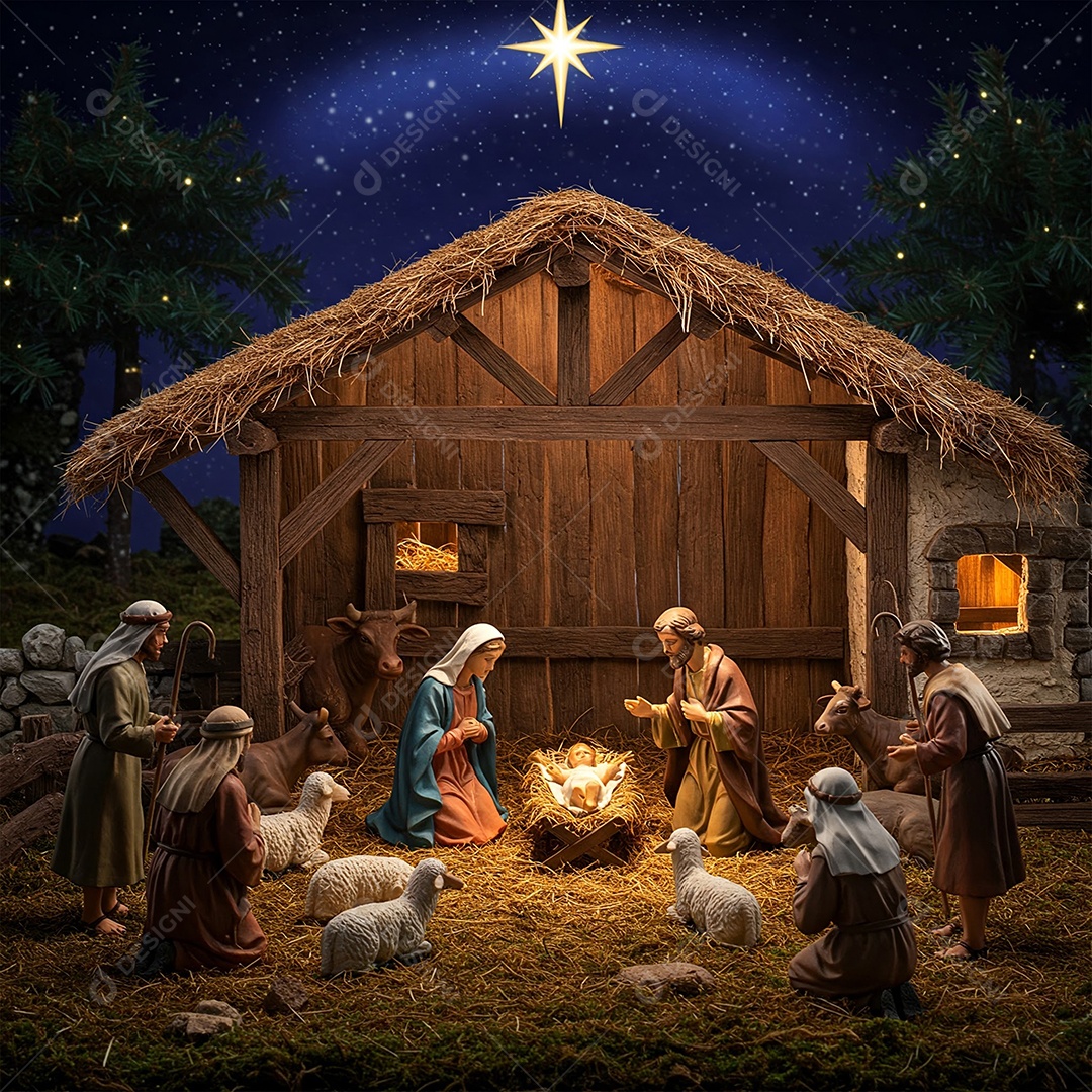 Presépio de natal esculpido em madeira