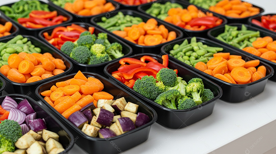Recipientes para preparação de refeições com vegetais frescos