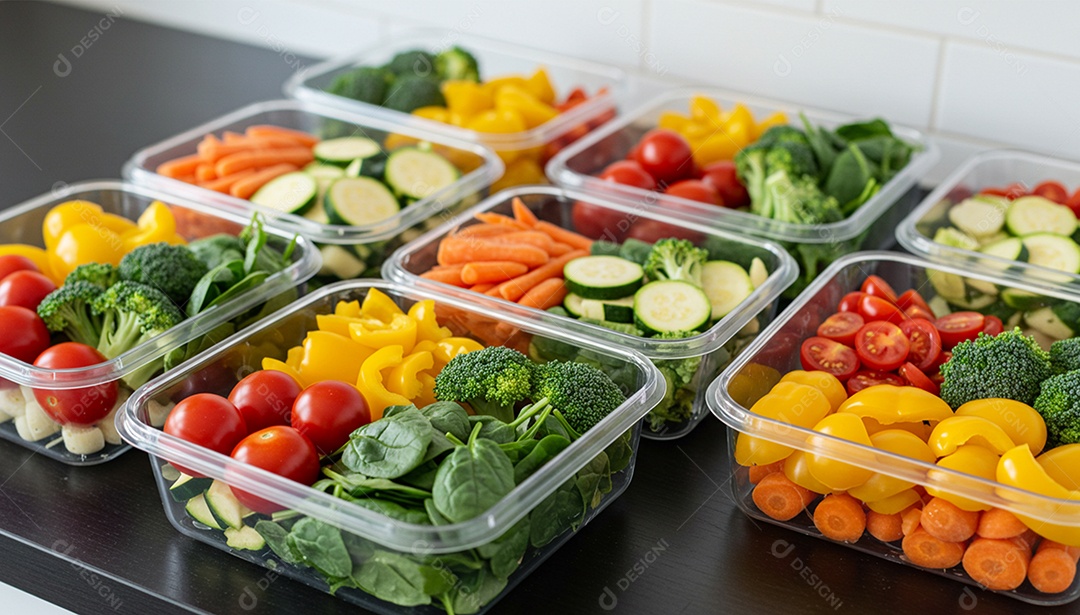 Recipientes para preparação de refeições com vegetais frescos