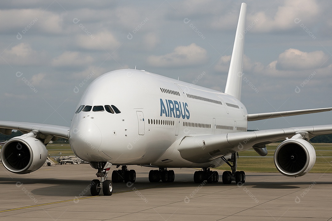 Um Airbus A380 branco na pista do aeroporto