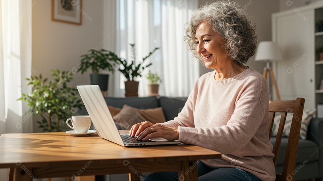 Mulher idosa sorridente no laptop