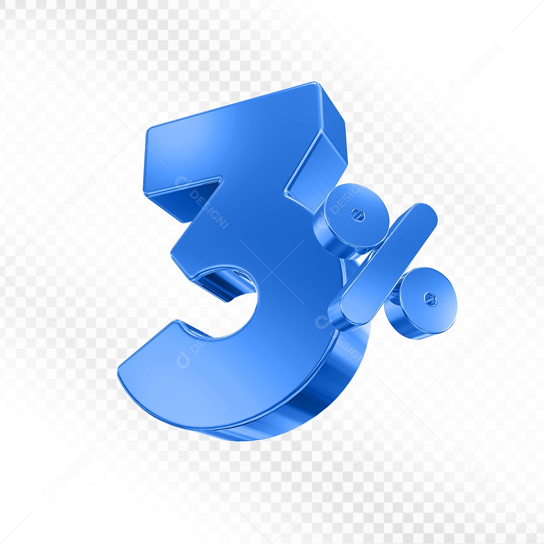 Elemento 3D Número 3% Azul para Composição PSD
