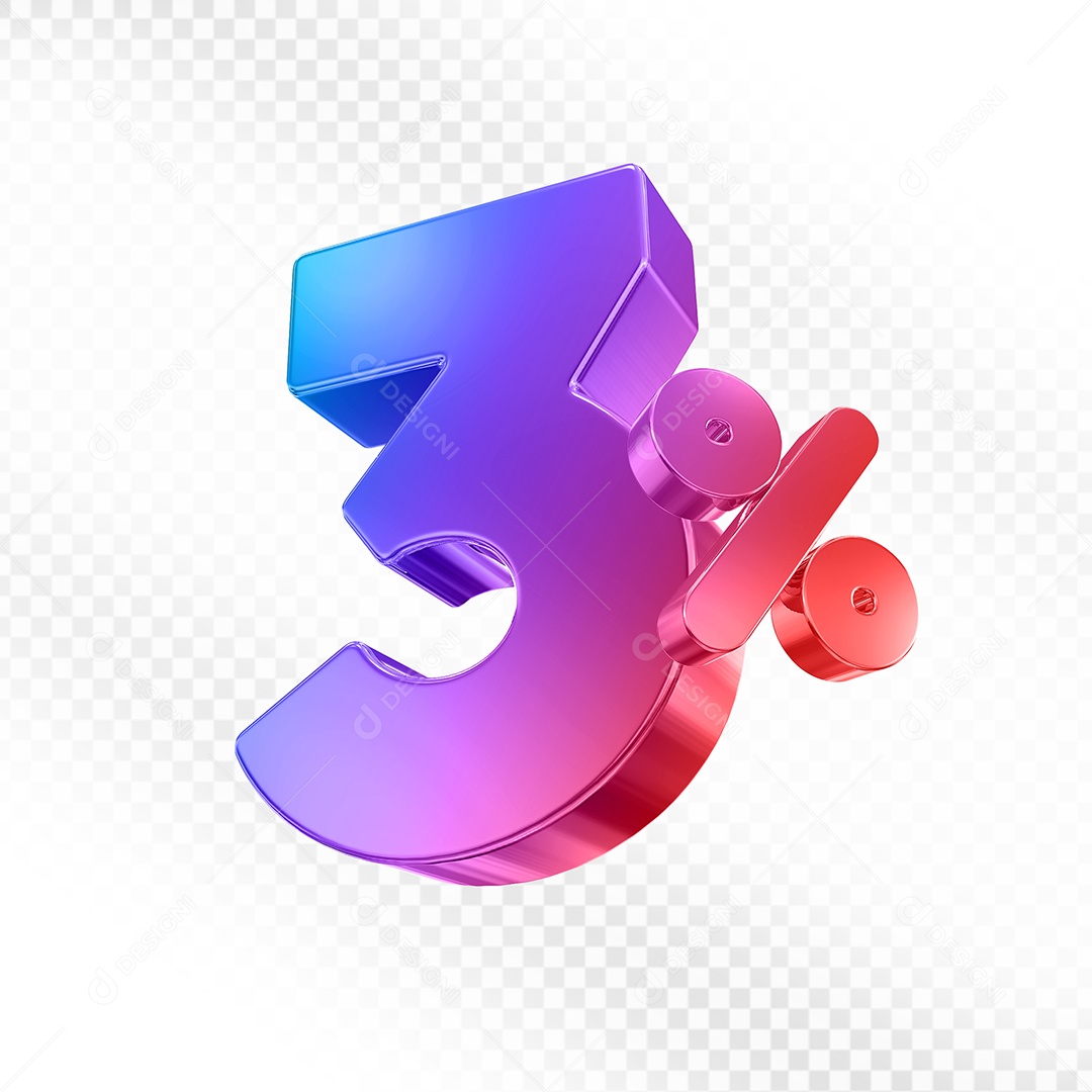 Elemento 3D Número 3% Colorido para Composição PSD