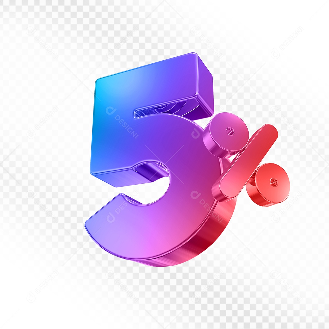 Elemento 3D Número 5% Colorido para Composição PSD